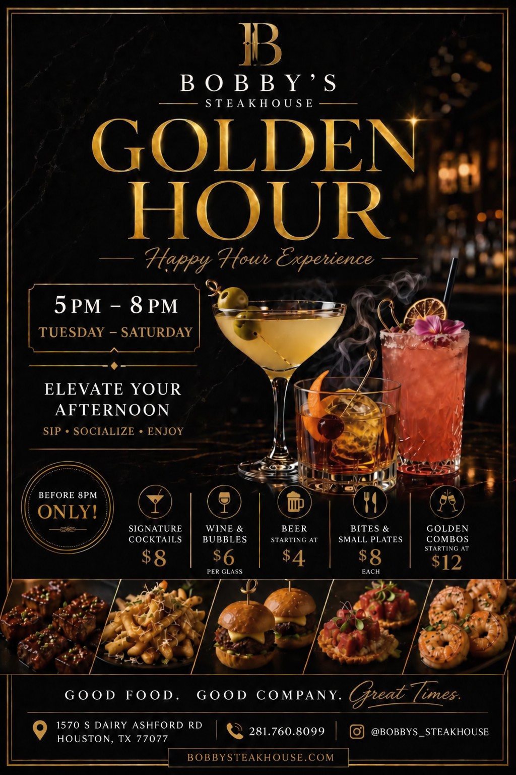 Golden Hour happy hour flyer: 5 to 8 PM